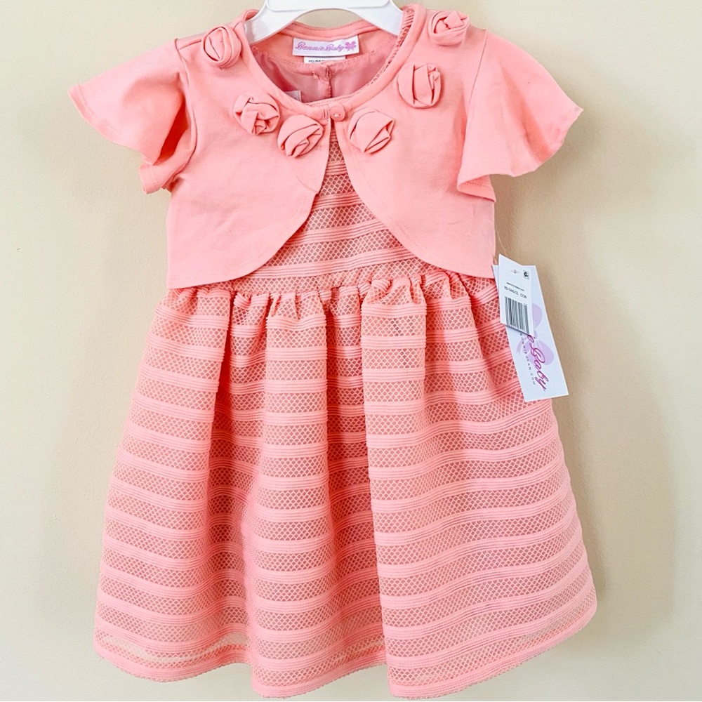 BONNIE BABY Emmie Knit Party Dess Cardigan Salmon Pink 24 Months Pageant Easter - Picture 2 of 16